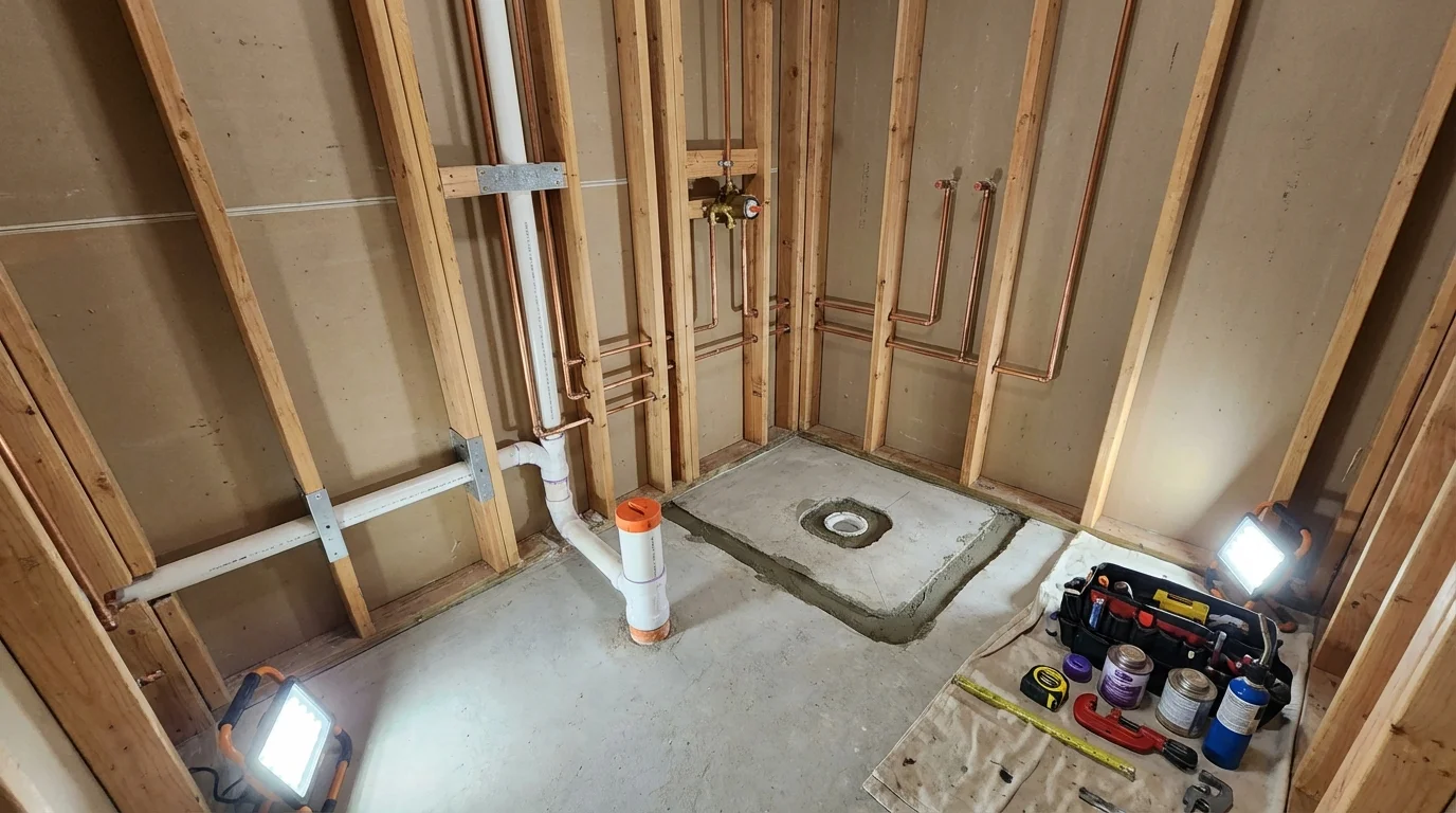 Bathroom rough-in plumbing during remodel by Johns Plumbing LLC in Ferrum