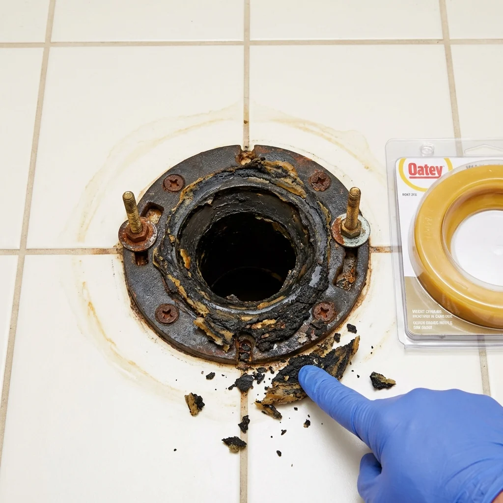 Failed wax ring showing water seepage at the base of a toilet in a Ferrum, VA home